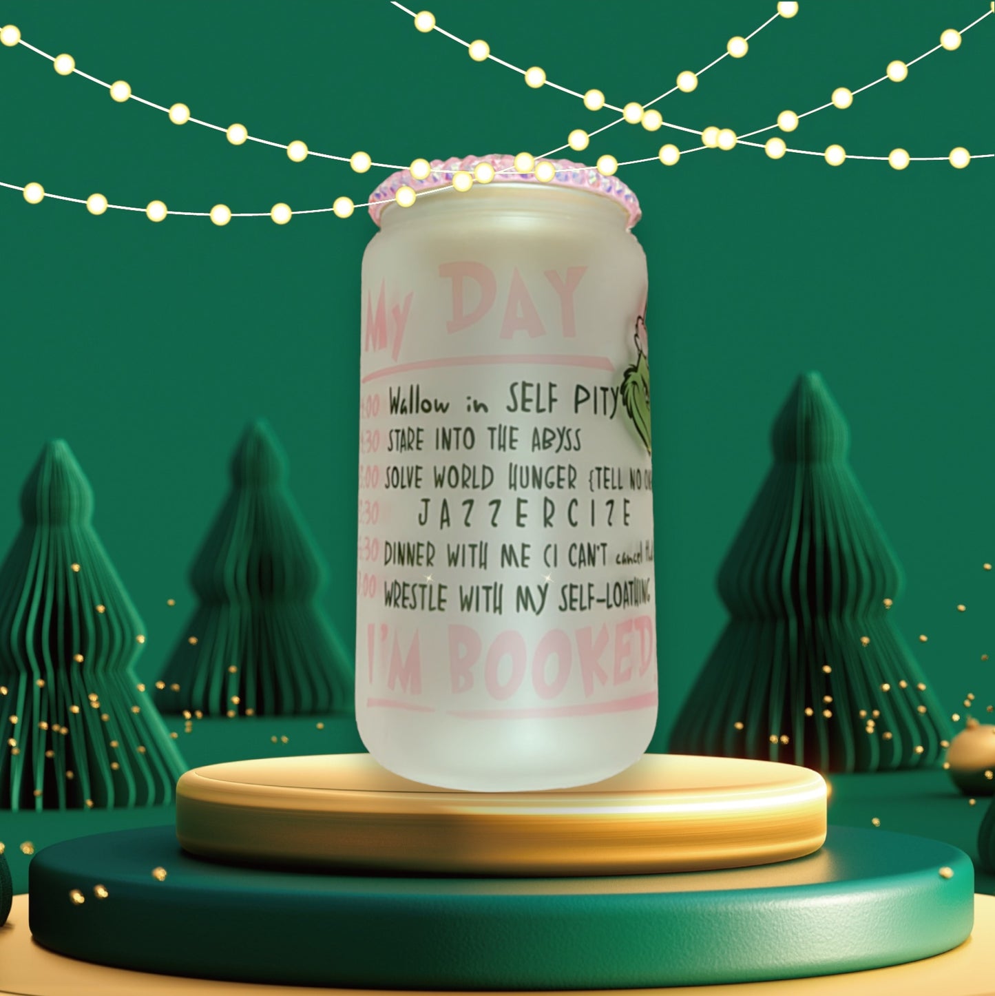 Grinch 16oz Frosted Glass Can, Christmas cup, Grinchmas cup, Cute Cup, Pink Grinch